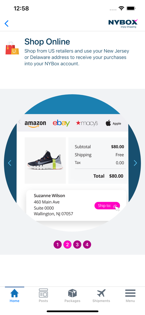 NYBox - NYBox app interface showing how to shop from US retailers like Amazon and Macys using a personal US shipping address.