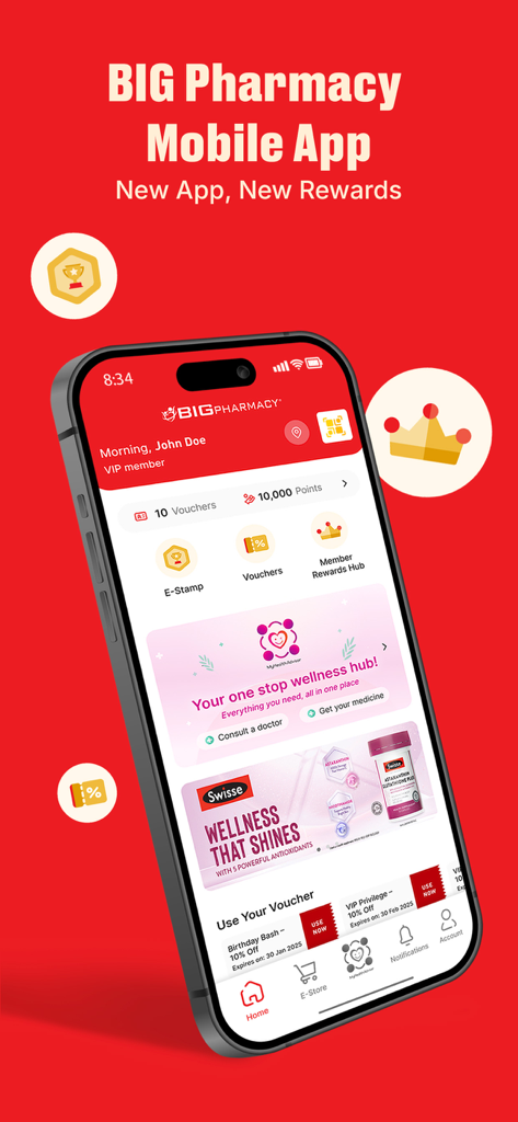 BIG Pharmacy - BIG Pharmacy mobile app interface showing user rewards and wellness services