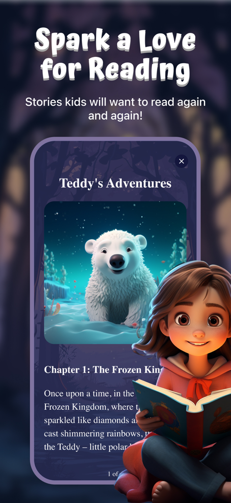 Whimsy Tales - Uma menina lendo uma história personalizada gerada por IA sobre um urso polar na interface do aplicativo Whimsy Tales