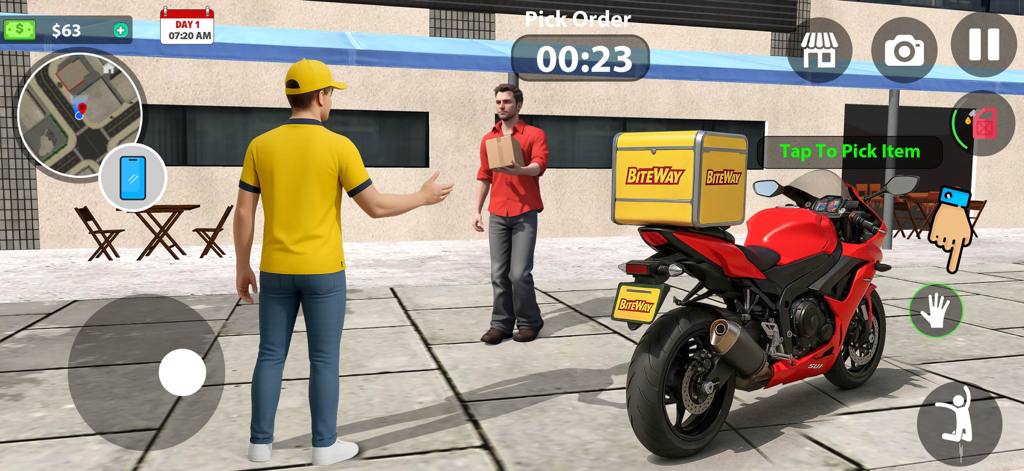 Courier Delivery Simulator - A courier in a yellow uniform picking up a package next to a red delivery motorcycle