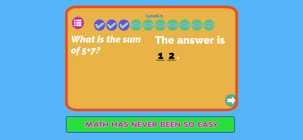 Mental math quiz interface for kids showing an addition problem of five plus seven