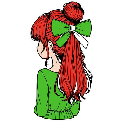 realistic girl  with hip length hair a bun and a big bow on the back of head