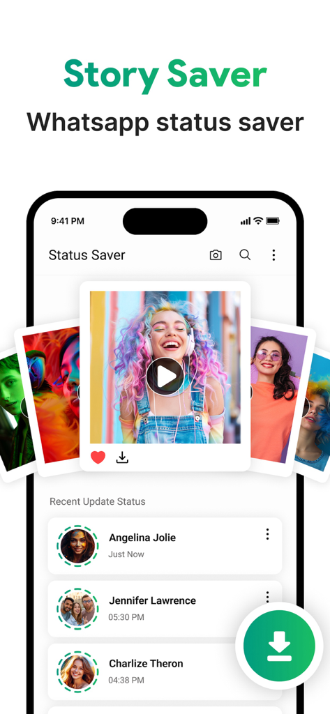 Story saver : Video saver - Interface of Story Saver app displaying recent WhatsApp status updates and a download button