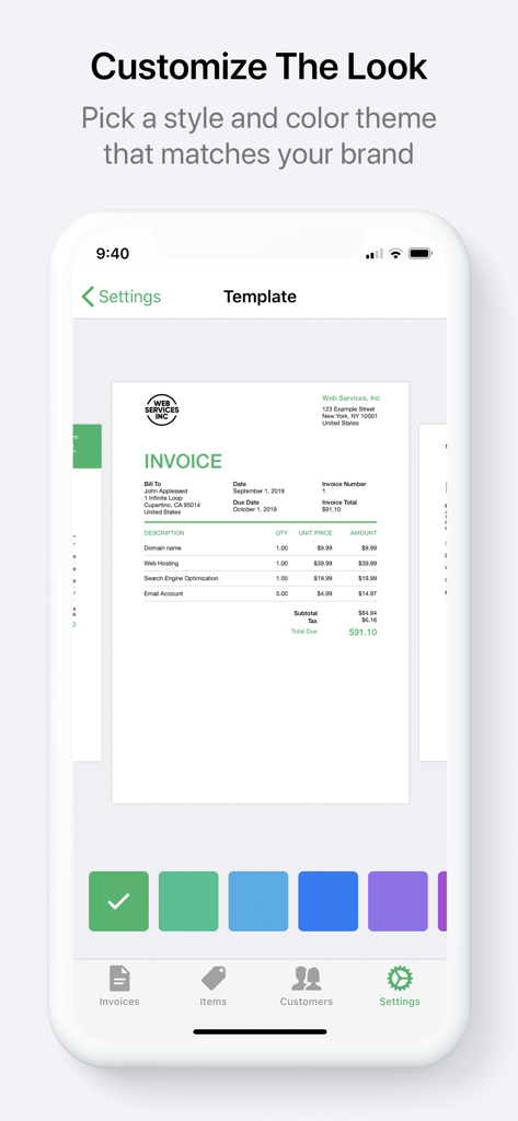 Invoice Maker: PDF Generator - Interface of Invoice Maker app showing customization options for templates and color themes