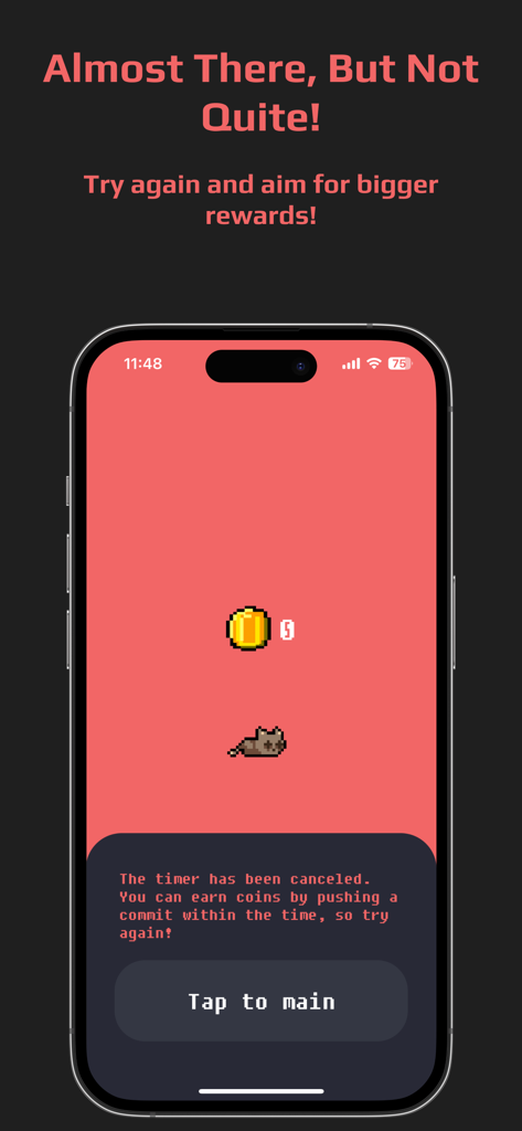 CommitCat - Focus, Commit - CommitCat app interface showing a canceled timer notification with a pixel art cat and zero coins earned.