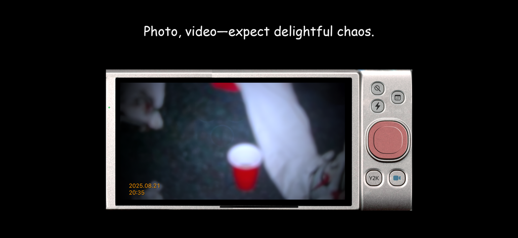 y2kam - Interface of y2kam app designed like a vintage early 2000s digital camera with physical buttons and a date stamp