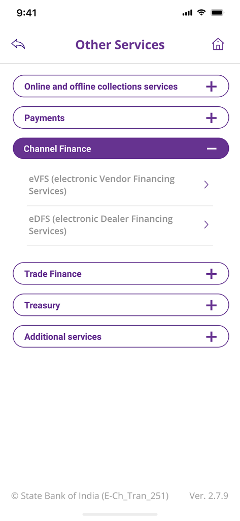 Yono Business SBI - Other Services menu in Yono Business SBI app showing channel finance and trade finance options