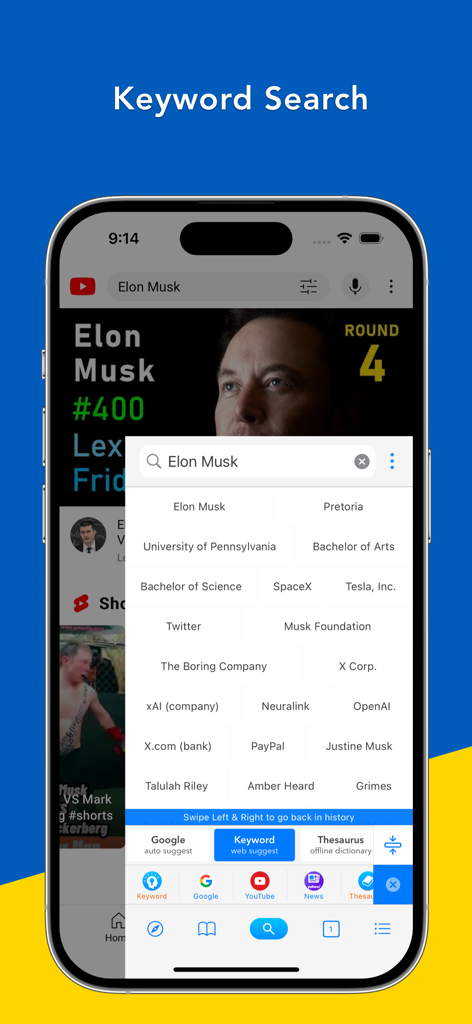 Search Ace - AI Browser - Search Ace browser displaying keyword search suggestions and related topics for Elon Musk