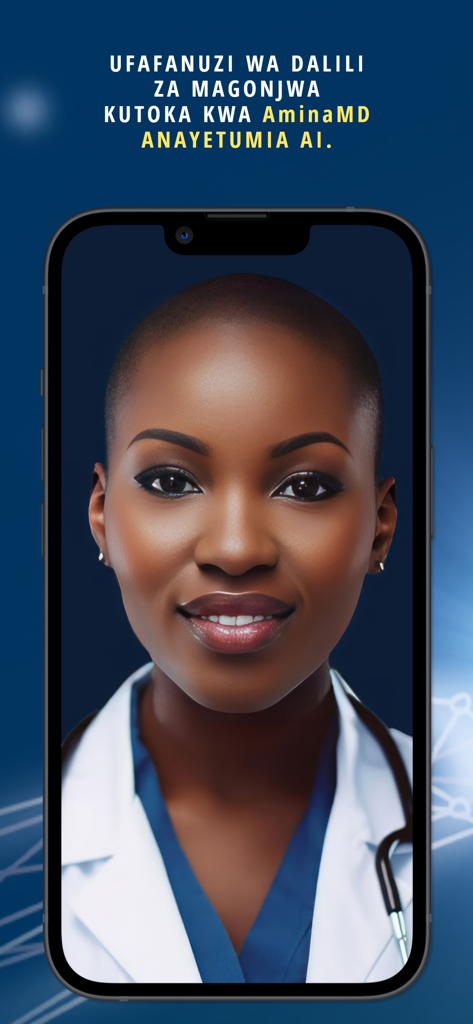 Smartphone screen showing AminaMD, an AI-powered health assistant for symptom explanation on the TanzMED app.