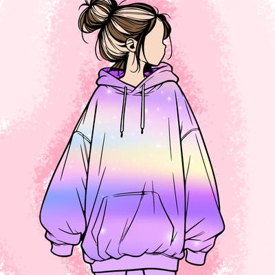 realistic girl with a oversized sweatshirt on and a bun