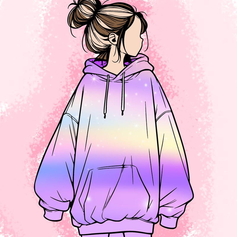 realistic girl with a oversized sweatshirt on and a bun