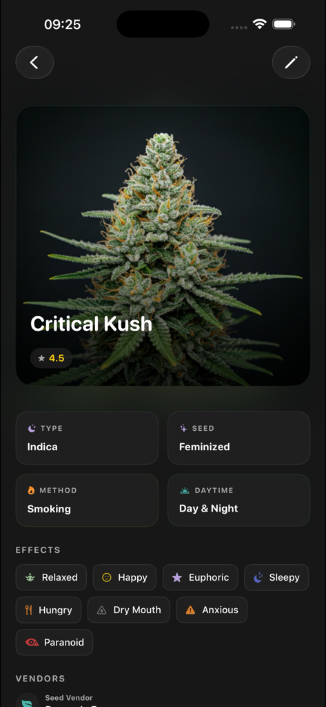 Canopy - Strain Tracker - Perfil de cepa de cannabis Critical Kush en la aplicación Canopy que muestra calificaciones y efectos
