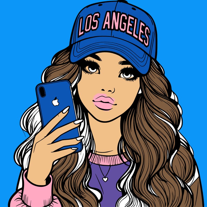 realistic beautiful girl wearing los ángeles cap holding an iphone