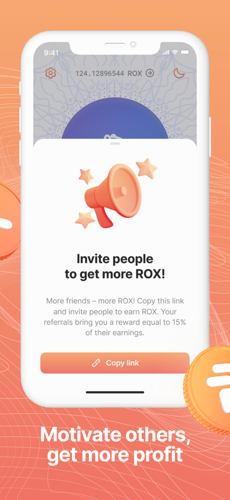 Robox Relax - Breathe & Earn - Referral screen in Robox Relax app showing how to invite friends to earn ROX crypto rewards.