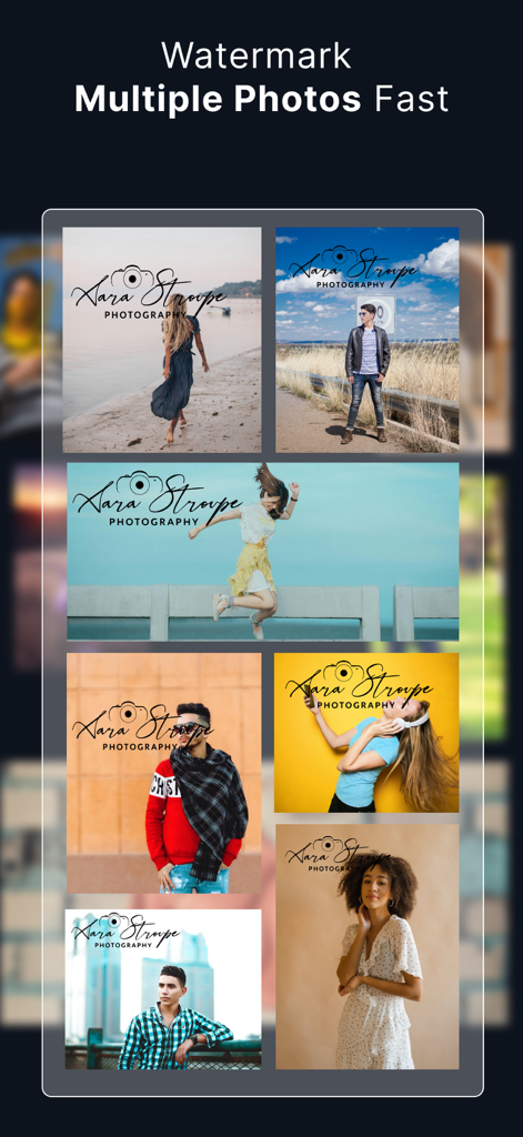 A grid of various photos with a consistent photography logo watermark demonstrating batch processing