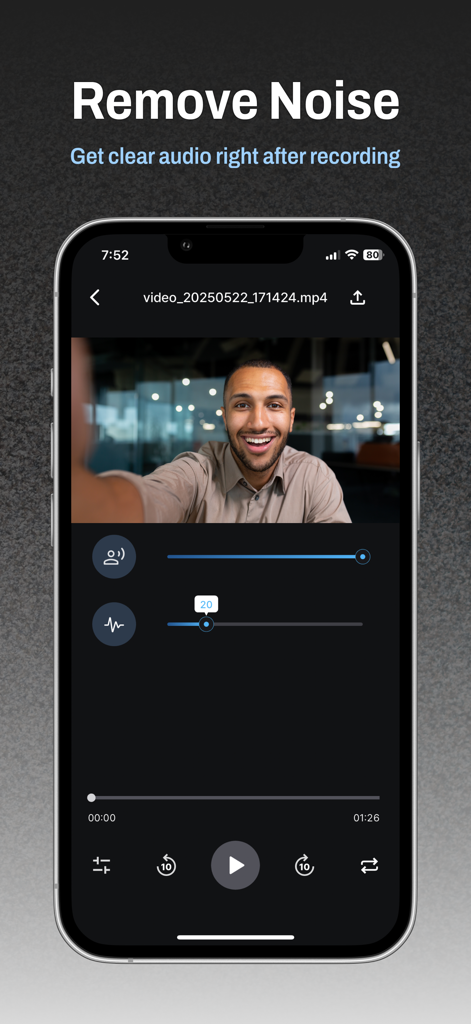 Gaudio Studio: AI Separator - Gaudio Studio mobile app interface showing the AI noise reduction feature for clearing background noise from a video recording.