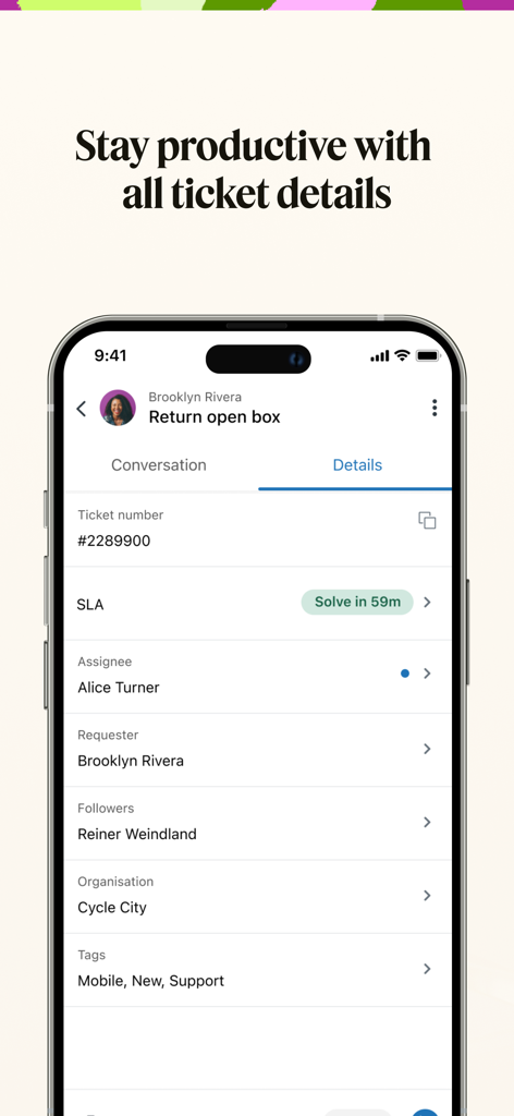 Interface do app Zendesk Support mostrando detalhes do ticket, incluindo SLA e atribuído