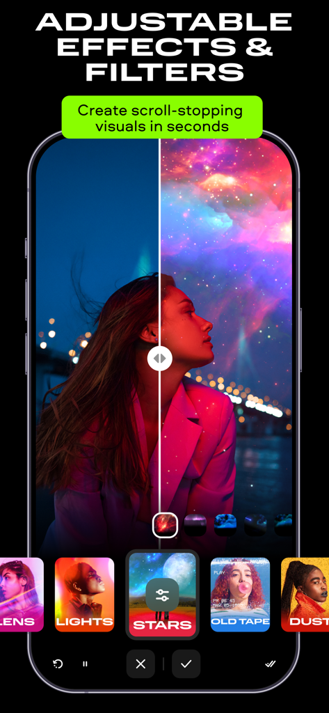 Schermata dello smartphone che visualizza l'editor video Movavi con filtri cosmici regolabili ed effetti speciali