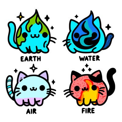 4 cats that represent the different elements, earth, water, air, and fire