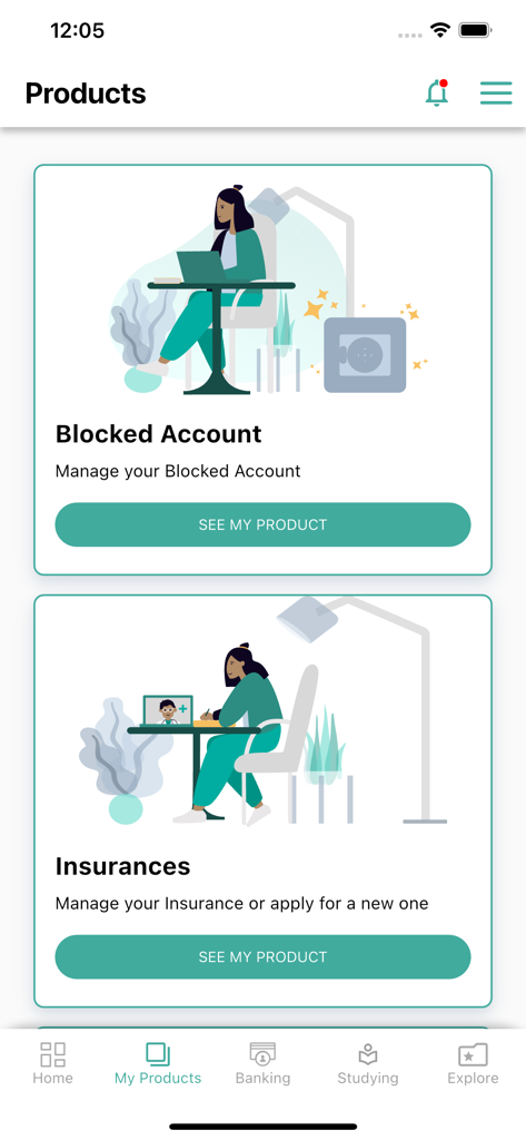 Expatrio - Study in Germany - Expatrio app screen displaying cards for managing a blocked account and health insurance for students moving to Germany.