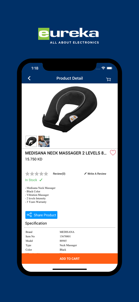 Eureka Electronics app displaying the product detail page for a Medisana neck massager with price and specifications.