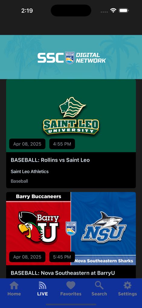 SSC Digital Network - SSC Digital Network app showing live college baseball game listings