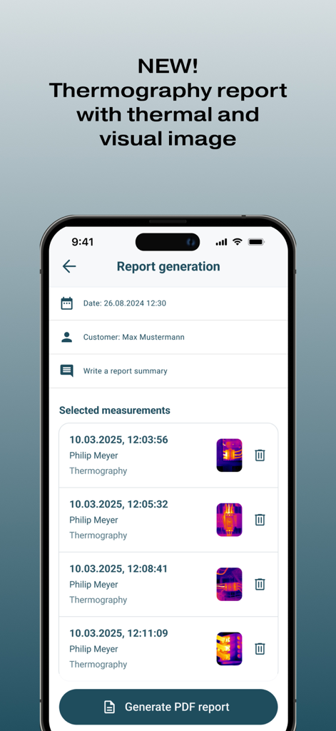 testo Smart - Interface do app testo Smart mostrando uma lista de medições de termografia e um botão para gerar um relatório em PDF