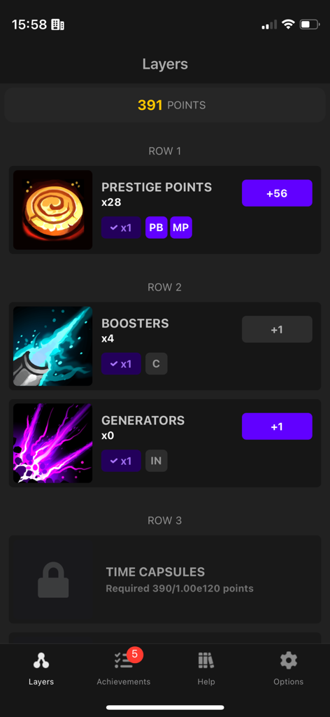 Prestige Tree: Mobile - Gameplay screen of Prestige Tree Mobile showing the layers menu with prestige points boosters and generators