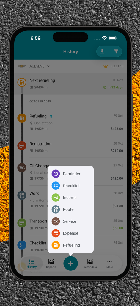 Drivvo app interface displaying a timeline of vehicle expenses like refueling and oil changes with a quick-action menu for adding new logs.