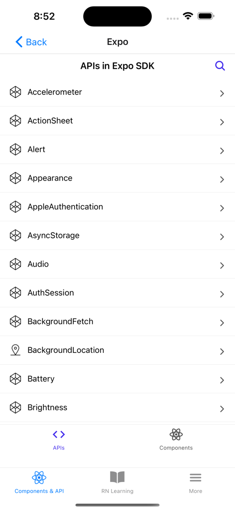Expo & React Native components - Expo 및 React Native 컴포넌트 앱 내 Expo SDK의 사용 가능한 API 목록