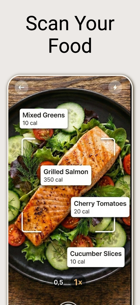 annos - calorie counter - Uno schermo di smartphone che mostra l'app Annos che utilizza l'IA per identificare salmone alla griglia e verdure con i rispettivi conteggi calorici.