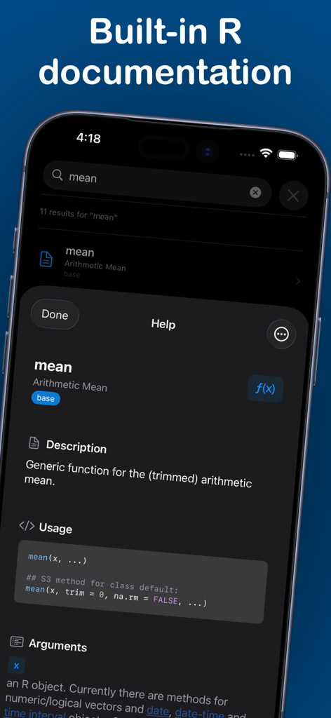 Smartphone screen displaying built-in R language documentation for the mean function in the webRios app