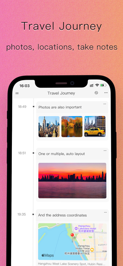 iTimely - Timeline & Milestone - Smartphone-Bildschirm zeigt eine Reise-Timeline mit Fotos und Kartenstandorten in der iTimely-App