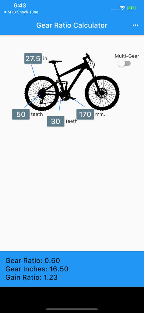 MTB Gear Ratio - MTB gear ratio calculator showing bicycle diagram and gear metrics