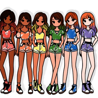 a group of girls wearing crop tops and shorts