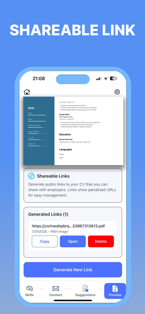 Resume Builder: AI CV-Maker - プロフェッショナルな履歴書の公開リンクを生成および共有する機能を示すモバイルアプリ画面
