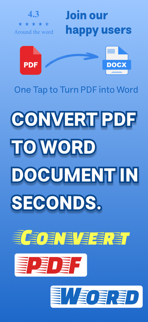 A promotional graphic for a mobile app showing the conversion of a PDF file into a Word document with text indicating fast results in seconds.