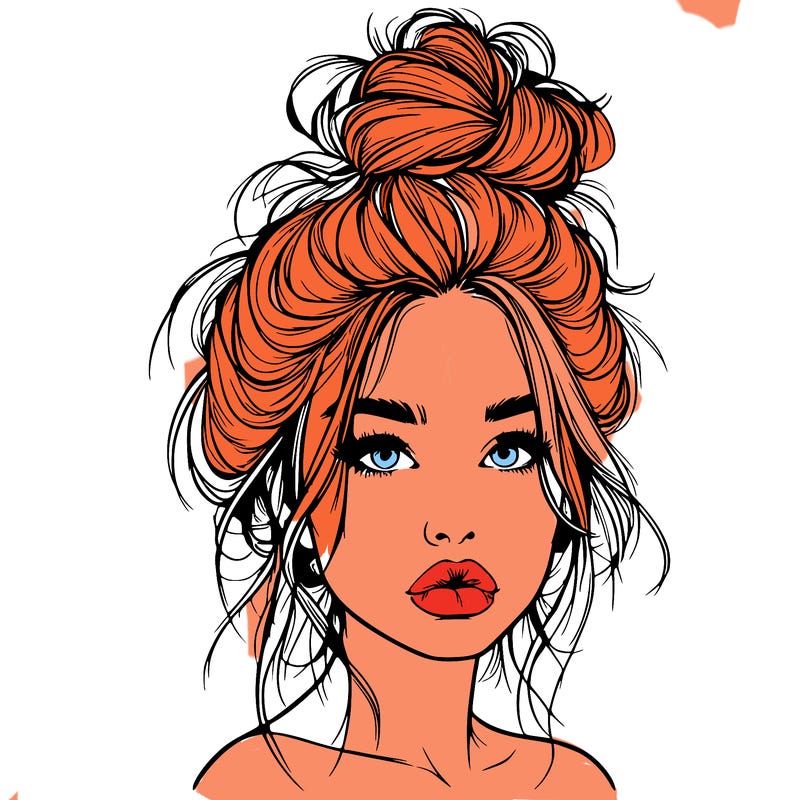 realistic girl with a messy bun and she has lips