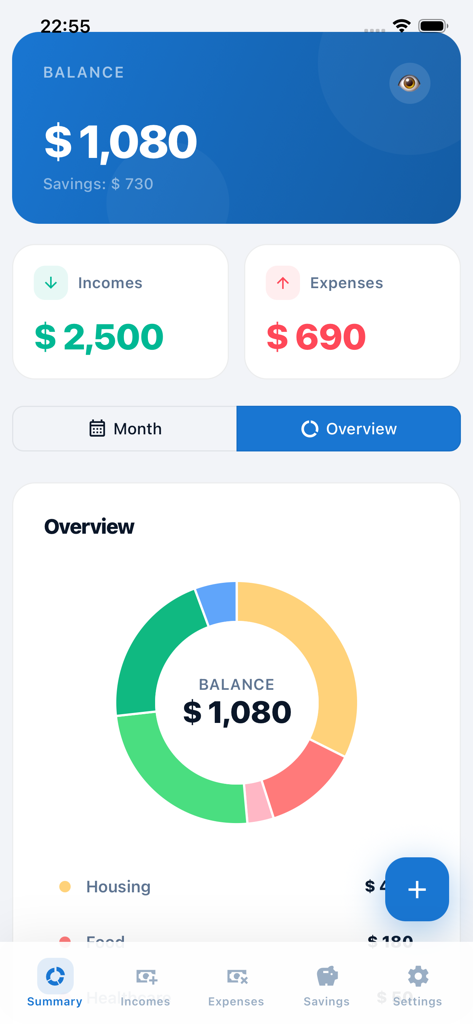 Plan And Save - Painel do aplicativo Plan and Save mostrando saldo, receitas, despesas e um gráfico de rosca de gastos.