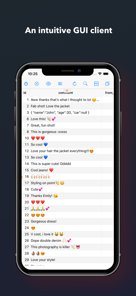 TablePlus database client mobile app interface showing a data table with comments and emojis on an iPhone