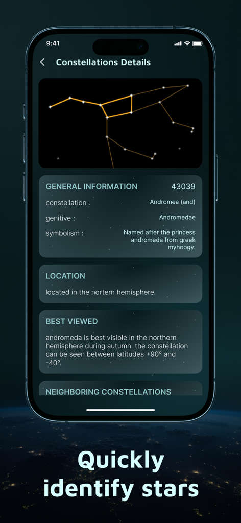 Interfaz de aplicación móvil que muestra información detallada y un mapa estelar de la constelación de Andrómeda.