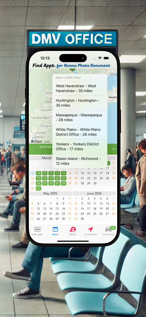 DMV NY Appointment - Mobile app interface showing DMV appointment calendar and location selection for New York offices