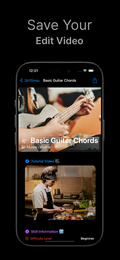 Smartphone display of a skill sharing app featuring guitar and cooking video lessons