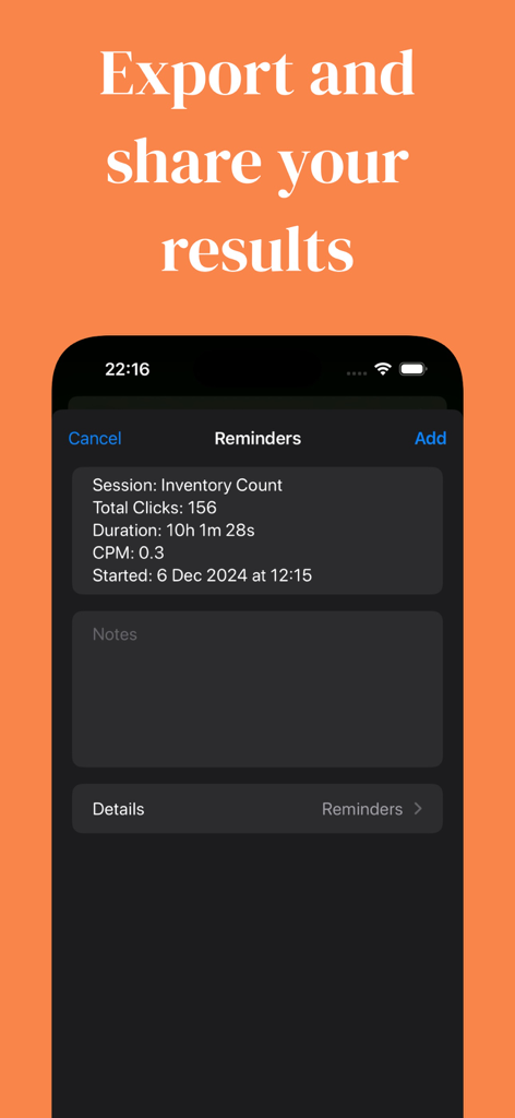 Screenshot dell'app TapTap plus che mostra i dettagli dei risultati di una sessione di conteggio dell'inventario, inclusi i clic e la durata