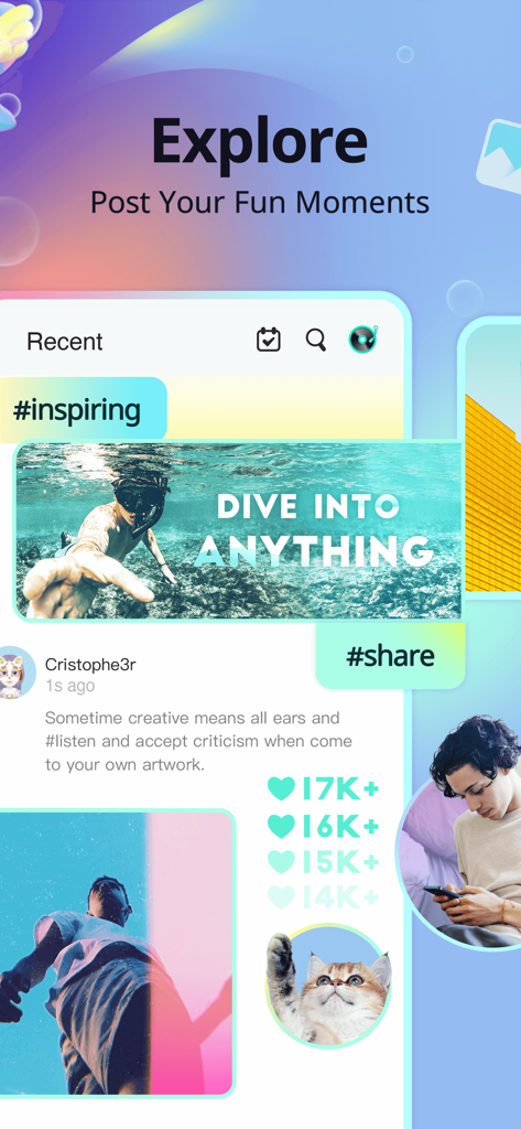 Flux d'exploration de l'application Soul affichant des publications de la communauté avec des photos et des hashtags comme inspirant et partager.