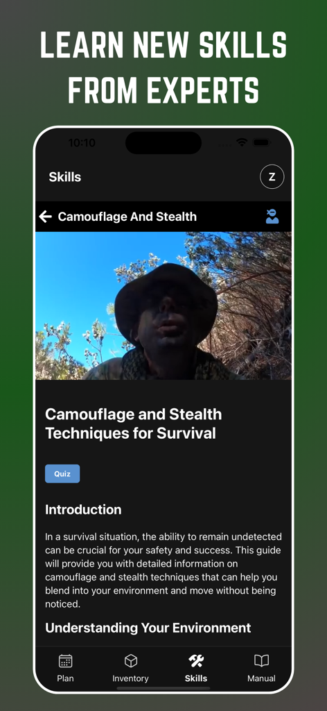 Preppr: Learn, Stock, Survive - Interface of the Preppr app showing a camouflage and stealth survival skill lesson