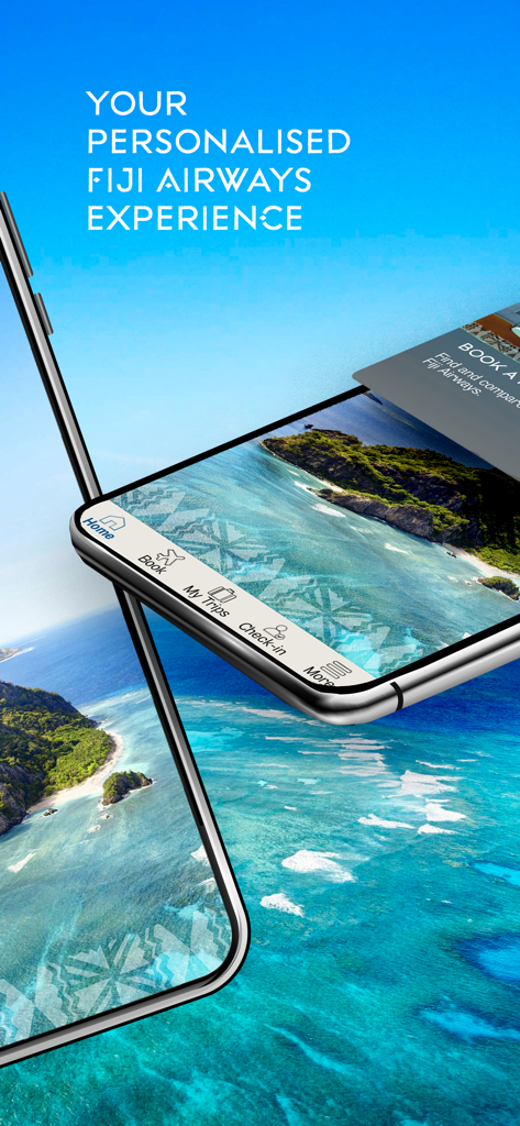 열대 섬 배경이 있는 피지 항공 모바일 앱 홈페이지