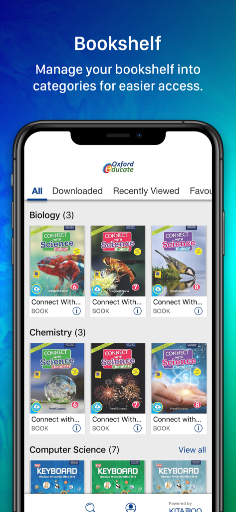 Oxford Educate - Screenshot of the Oxford Educate app showing a digital bookshelf with science and computer science textbooks