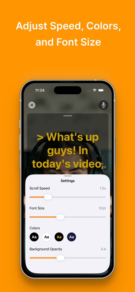 Pure Prompter - Teleprompter - Interfaz de la aplicación Pure Prompter mostrando la configuración de personalización para la velocidad de desplazamiento, el tamaño de fuente y los colores del texto