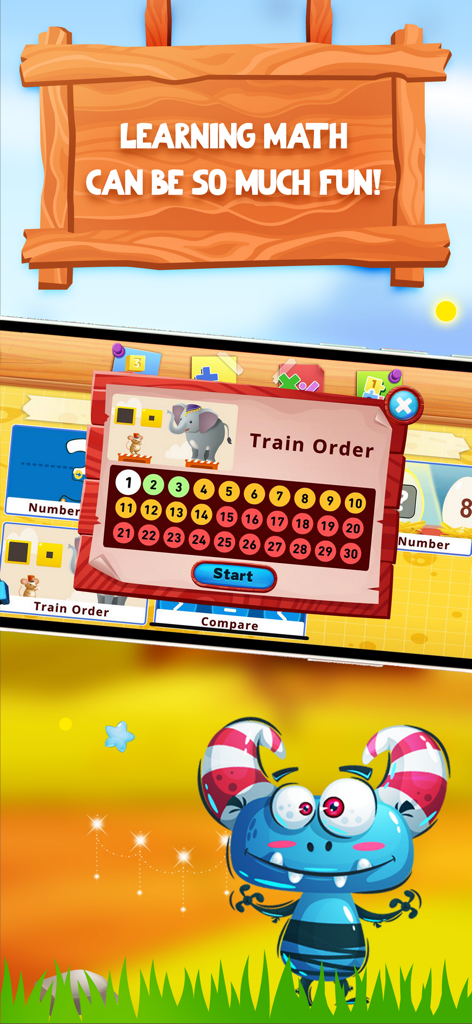 Adapted math - Fun mind games - Interactive math game level selection screen for kids featuring a cute blue cartoon monster